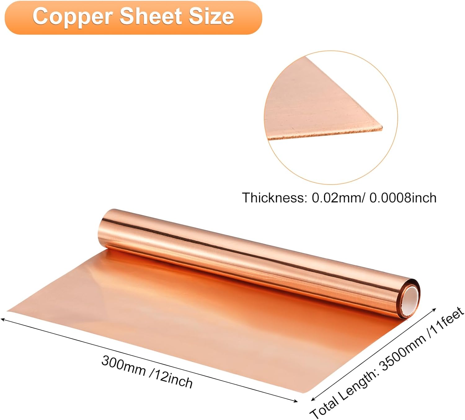 uxcell copper sheet roll 3500mm x 300mm x 0.02mm, 99.9% pure copper strip copper flashing metal foil plate for electricity diy projects (multiple sizes)