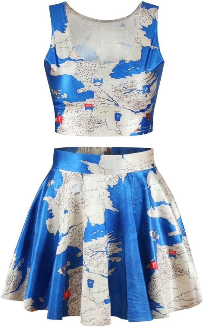 Sexy Women Blue Middle East Map Print Crop Tank Top Skater Skirt Set