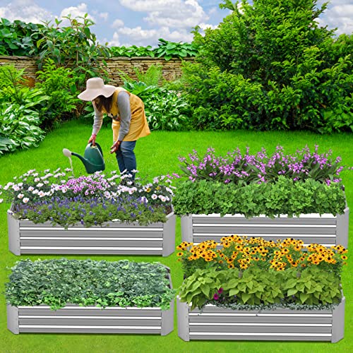 Raised Garden Beds For Vegetables, Galvanized Planter Box Steel Kit For Flower Herb, 2 Types Of Assembly, 53*20*11In (Or 37×37×11In) (1- Silver) #TOP6