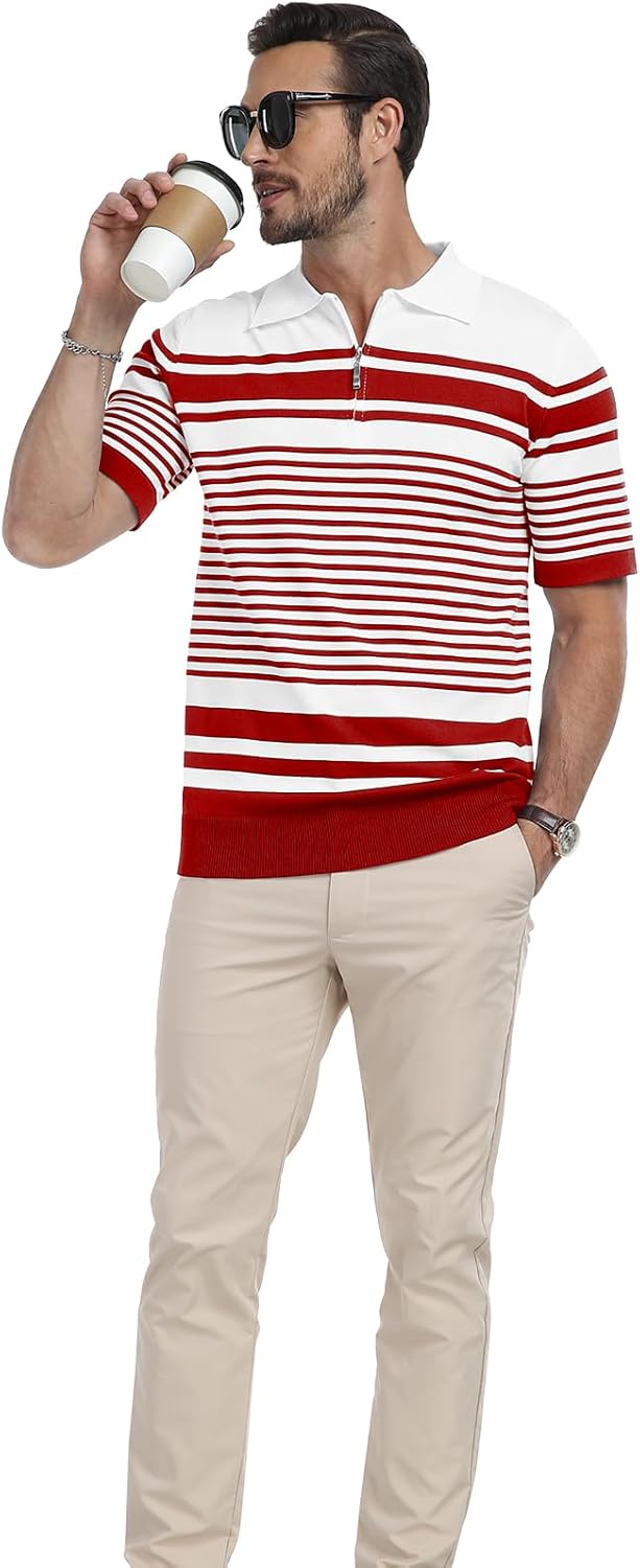 KUYIGO Men's Knit Collared Polo Shirts Short Sleeve Zipper Striped Tops Classic Fit Casual Soft T-Shirt - Image 6
