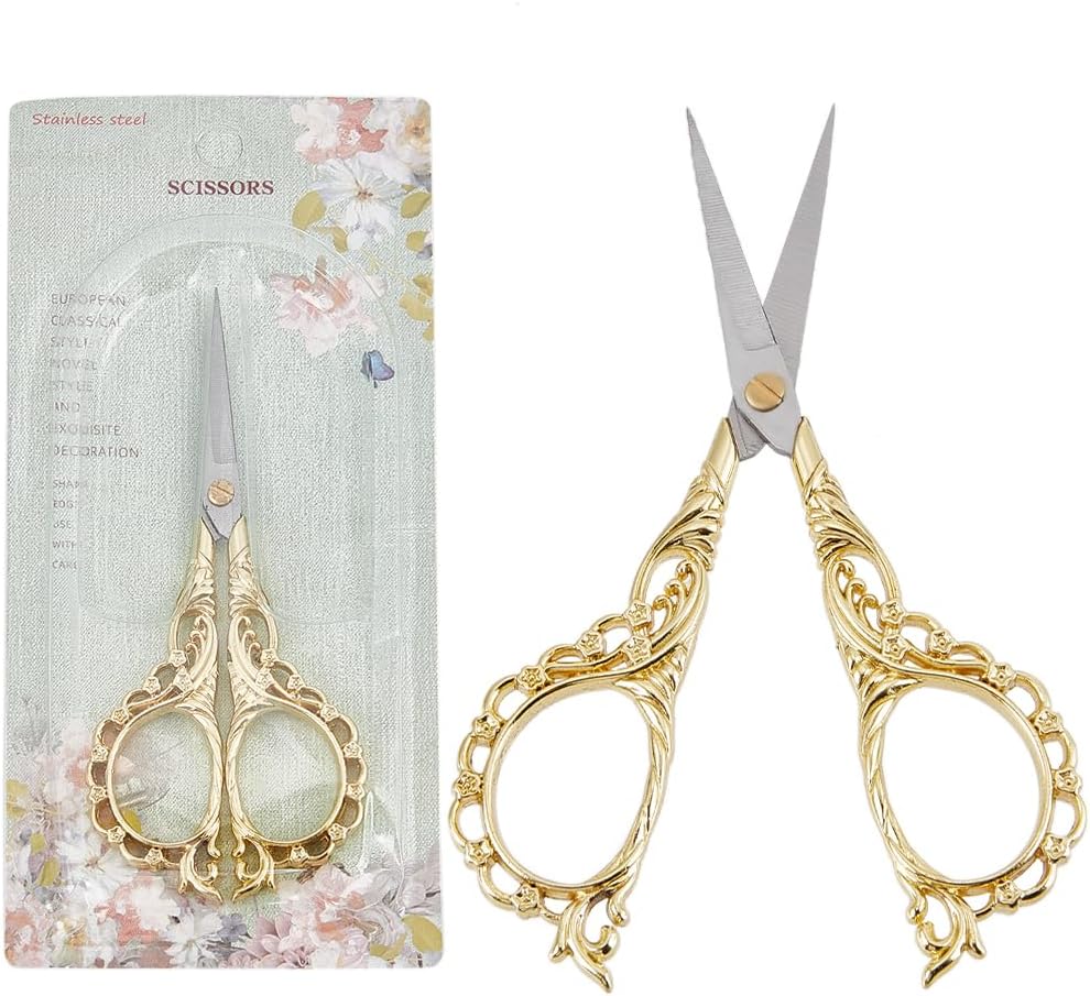 SUNNYCLUE Tijeras de costura vintage para bordar, tijeras de bordado, estilo europeo antiguo, acero inoxidable, pequeñas tijeras para hilo de tela,