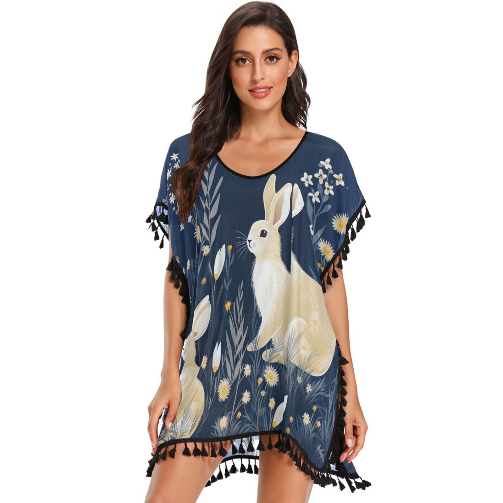 Cute Blue Bunny Rabbits Women's Beach Cover Up Chiffon Tassel Swimwear Swimsuit Coverups for Girl