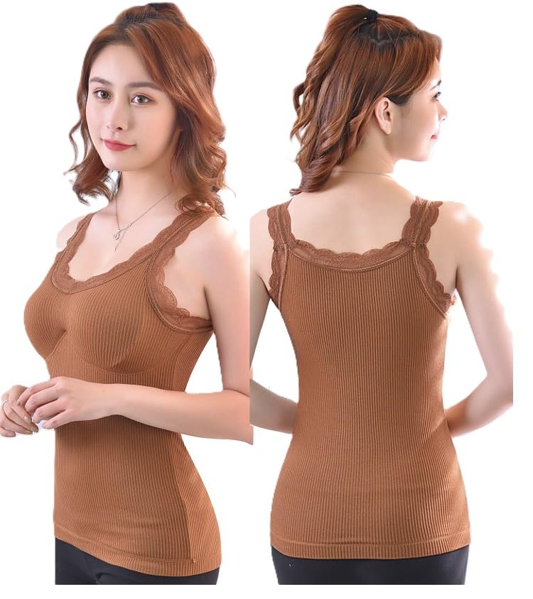 Alexvyan Girls Teenager Lace Strap L Size Brown Padded Slips Slim Fit Cotton Thermal Fleece Underwear Tops Camisole Top Warm Stretchy Slim-Fit Body Shaper Vest for Winter 1