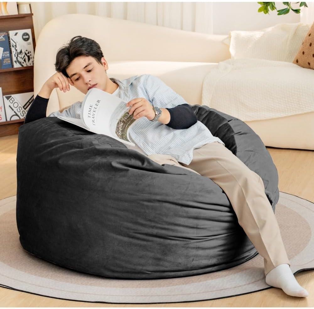 Bean Bag Chair 4Foot Luxurious Velvet Ultra Soft Fur with High-Rebound Memory Foam for Adults Plush Lazy Sofa with Fluffy Removable Spong (Camel + Lychee Velvet + Foam)