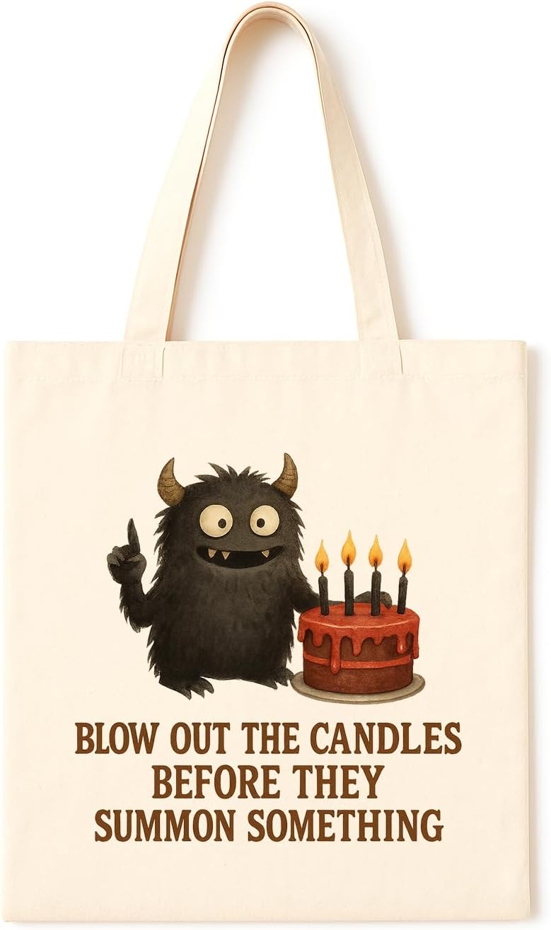 TOTE BAG Summon Something Cake Tote ~ Little monster warns about candle rituals. Perfect birthday tote for witchy weirdos, chaotic bakers, or anyone who likes funny spooky party bags.