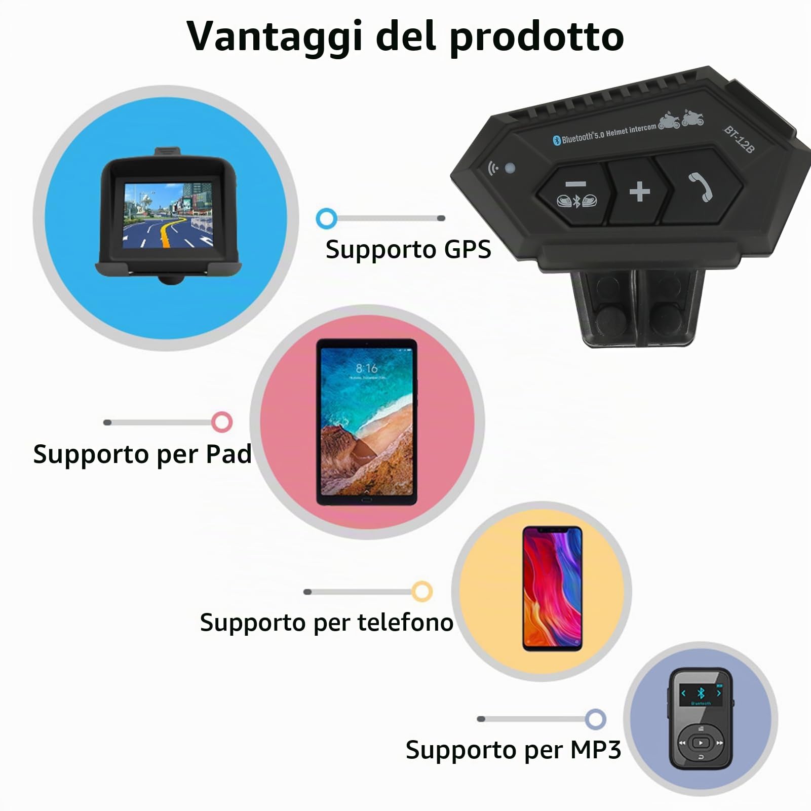 Interfono Moto, BT12B V5.0 Cuffie da Moto Bluetooth con Sistema di Comunicazione a Mani Libere e Funzione di Riduzione del Rumore, Auricolare Hi-Fi Offrono Prestazioni Audio di Alta Qualità