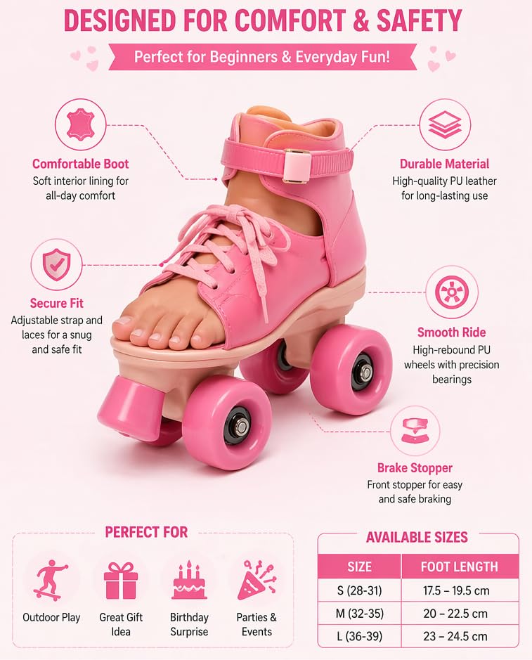 Image of KAVANA Adjustable Inline Roller Skates for Kids Girls Age 4-12 | Beginner-Friendly Skating Shoes with Front Brake & Polyurethane Wheels | Skates for Boys & Girls 4+ Years (Multicolor) (Pink)