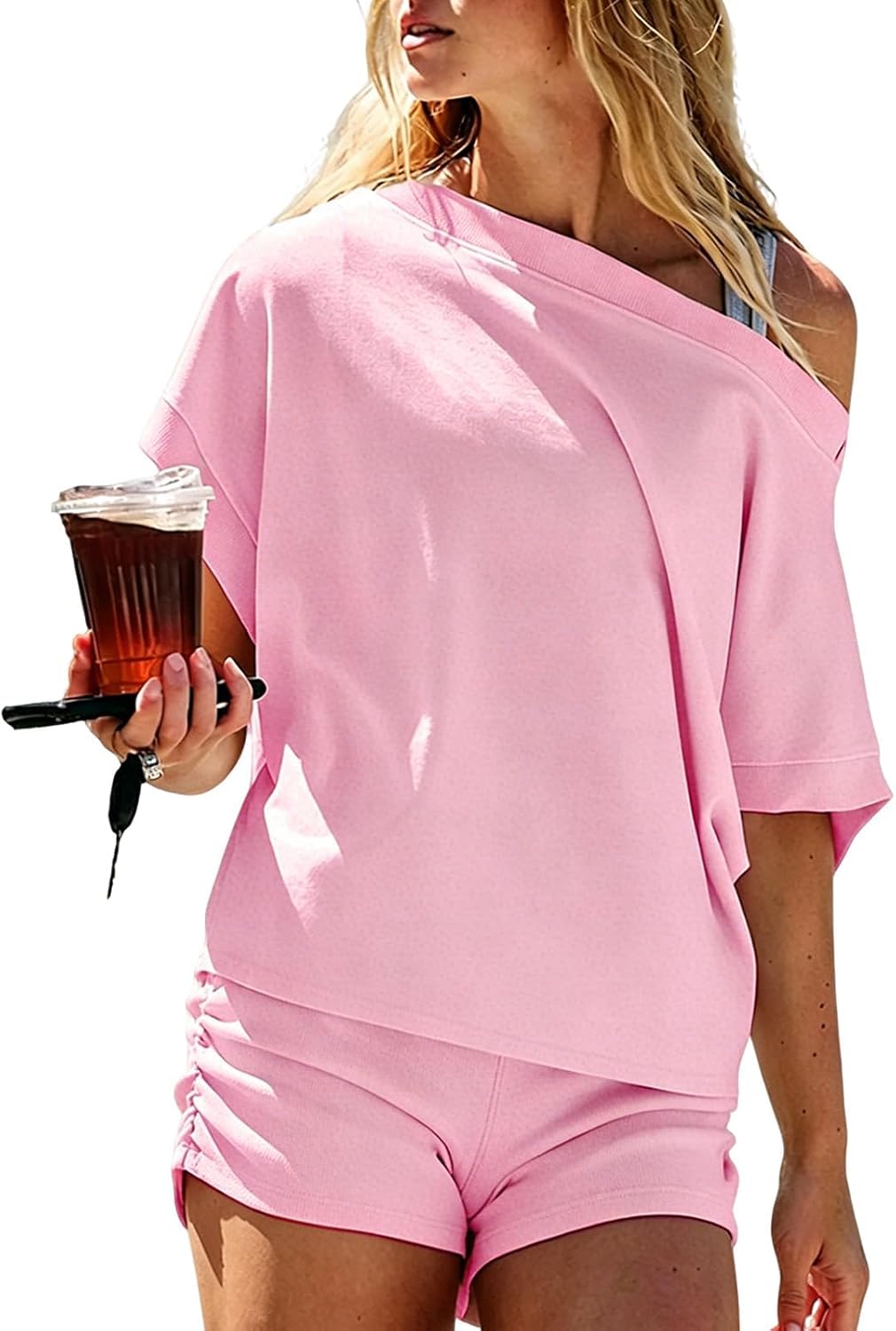 Womens 2 Piece Short Sets,Slouchy Dolman Sleeve Waffle Top Ruched Shorts for Errands, Dog Walking, Athleisure