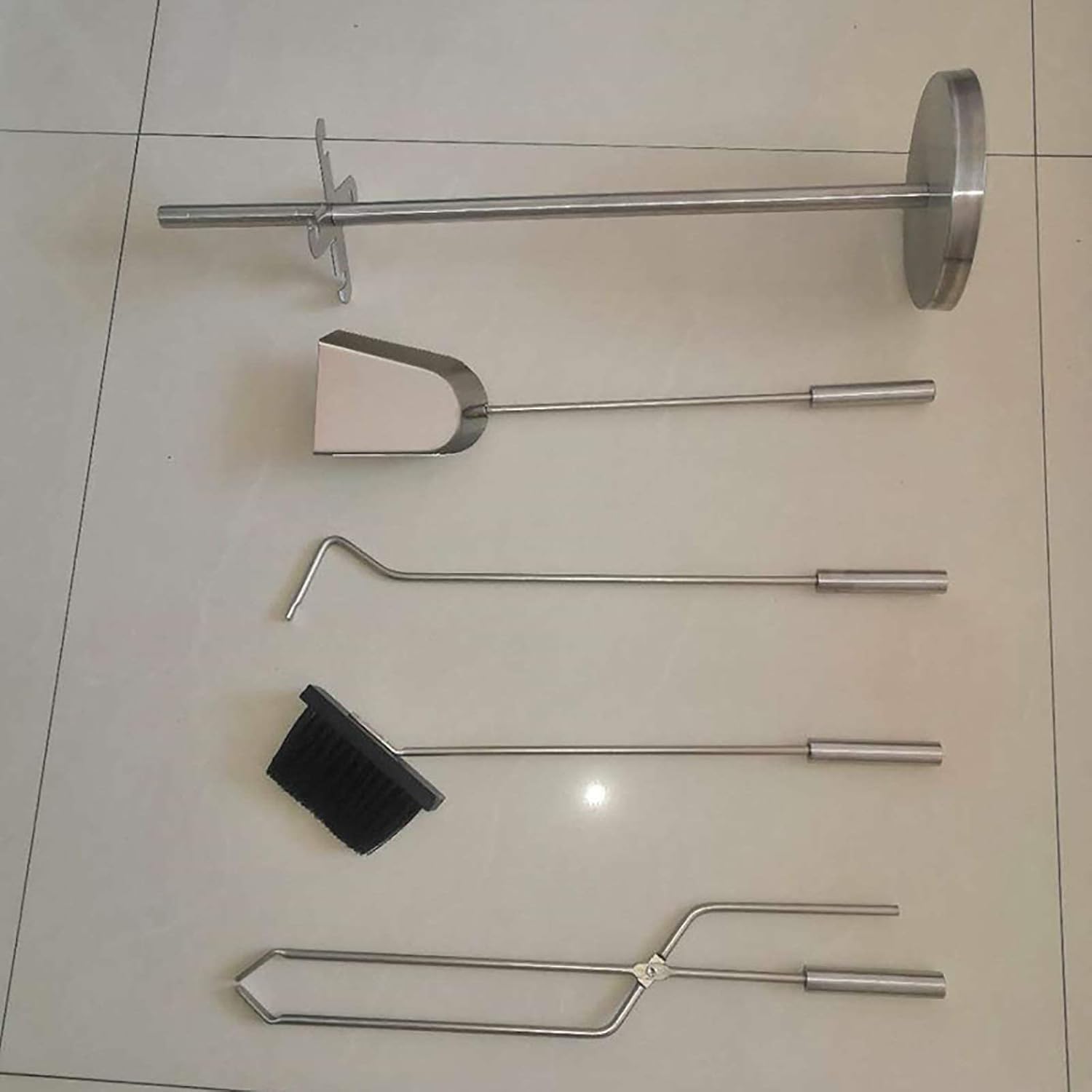 Modern 5-Piece Fireplace Companion Tool Set - Shovel, Broom, Tongs, Poker & Holder, Stainless Steel, Silver