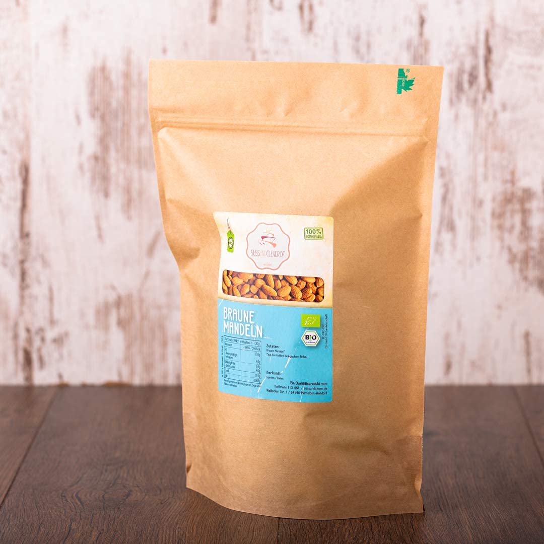 süssundclever.de® Bio Mandeln braun | 1,0 kg | Guara Mandeln aus Spanien | Natur | plastikfrei und ökologisch-nachhaltig verpackt