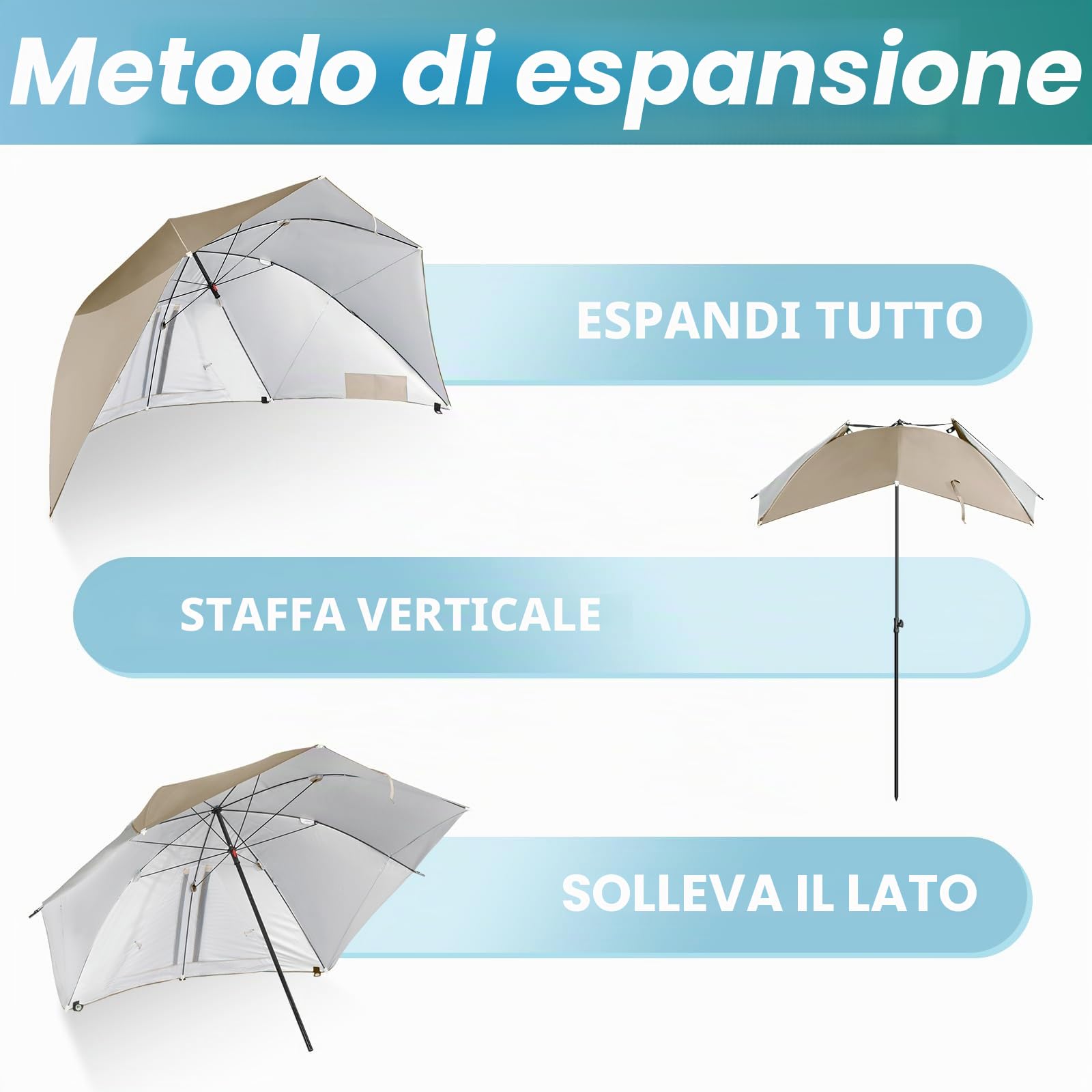 HOMECALL Ombrellone da spiaggia con finestra, design paravento, poliestere resistente ai raggi UV, kaki