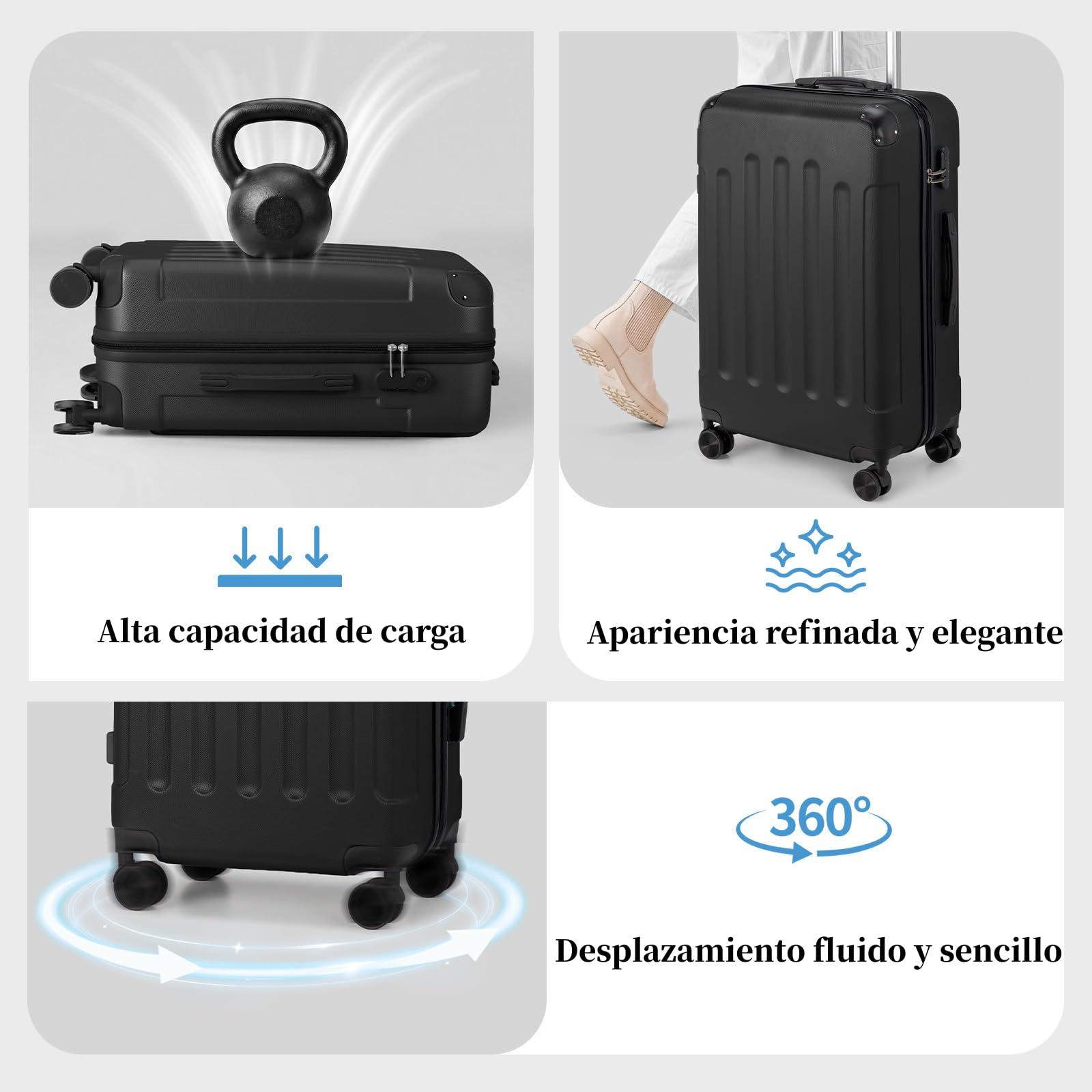 LEADZM Juego de Maletas de 4 Piezas con Refuerzos de Esquina (Negro) | Maletas de Viaje Grandes 23 Kilos, Maleta Cabina, Mediana, Maleta de Viaje