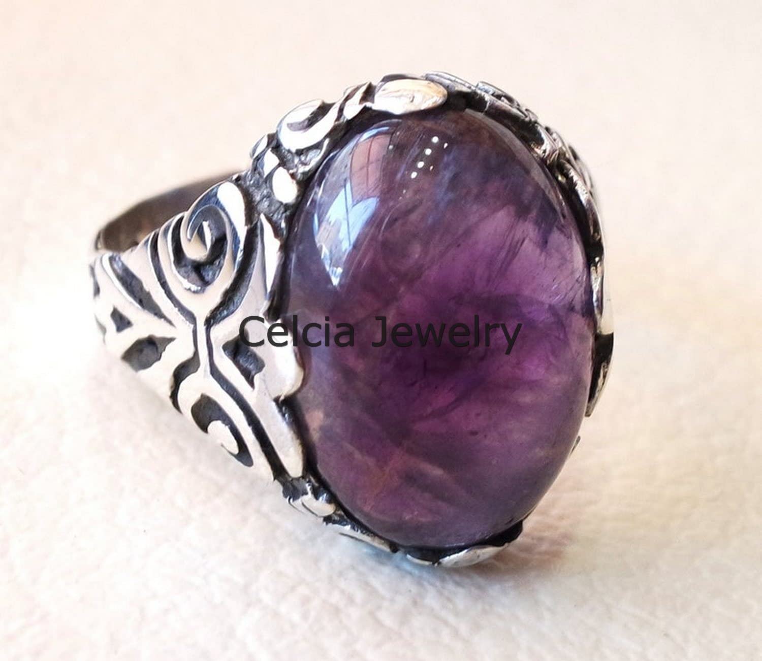 Anillo clásico ovalado de cabujón de piedra preciosa de amatista púrpura natural, anillo de sello para hombre, anillo de propuesta de promesa de declaración, anillo oxidado de plata