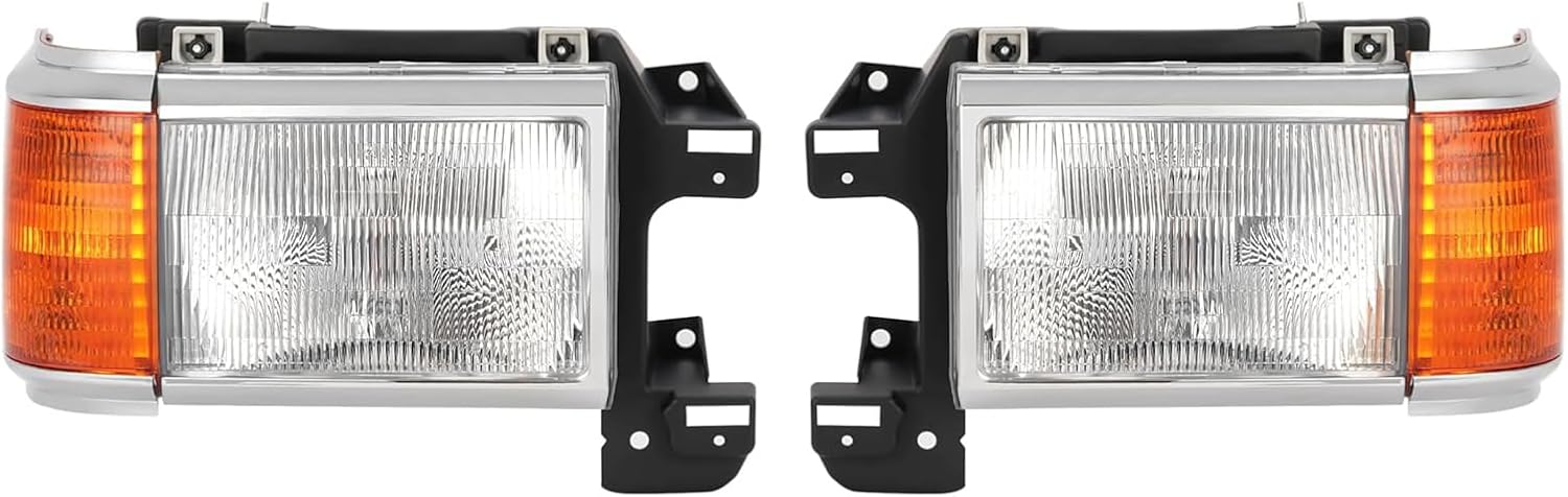 For 1987 1988 1989 1990 1991 Ford Bronco F150 F250 F350 F450 Truck Headlights Assembly Replacement for 87-91 Halogen Head Light Headlamp Driver and Passenger Side, Chrome Housing Amber Corner