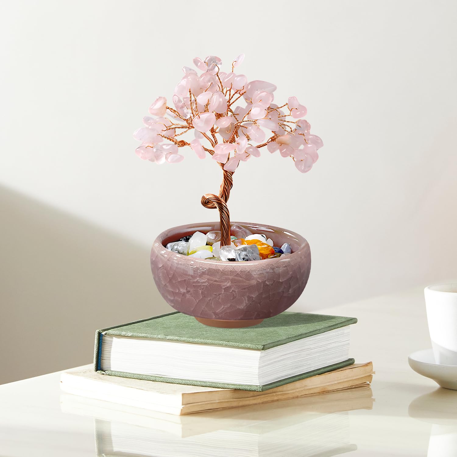 VLYX Rose Quartz Crystal Tree of Life - Handmade Pink Gemstone Money Tree for Home Office Decor Positive Energy Gift for Women - Image 2