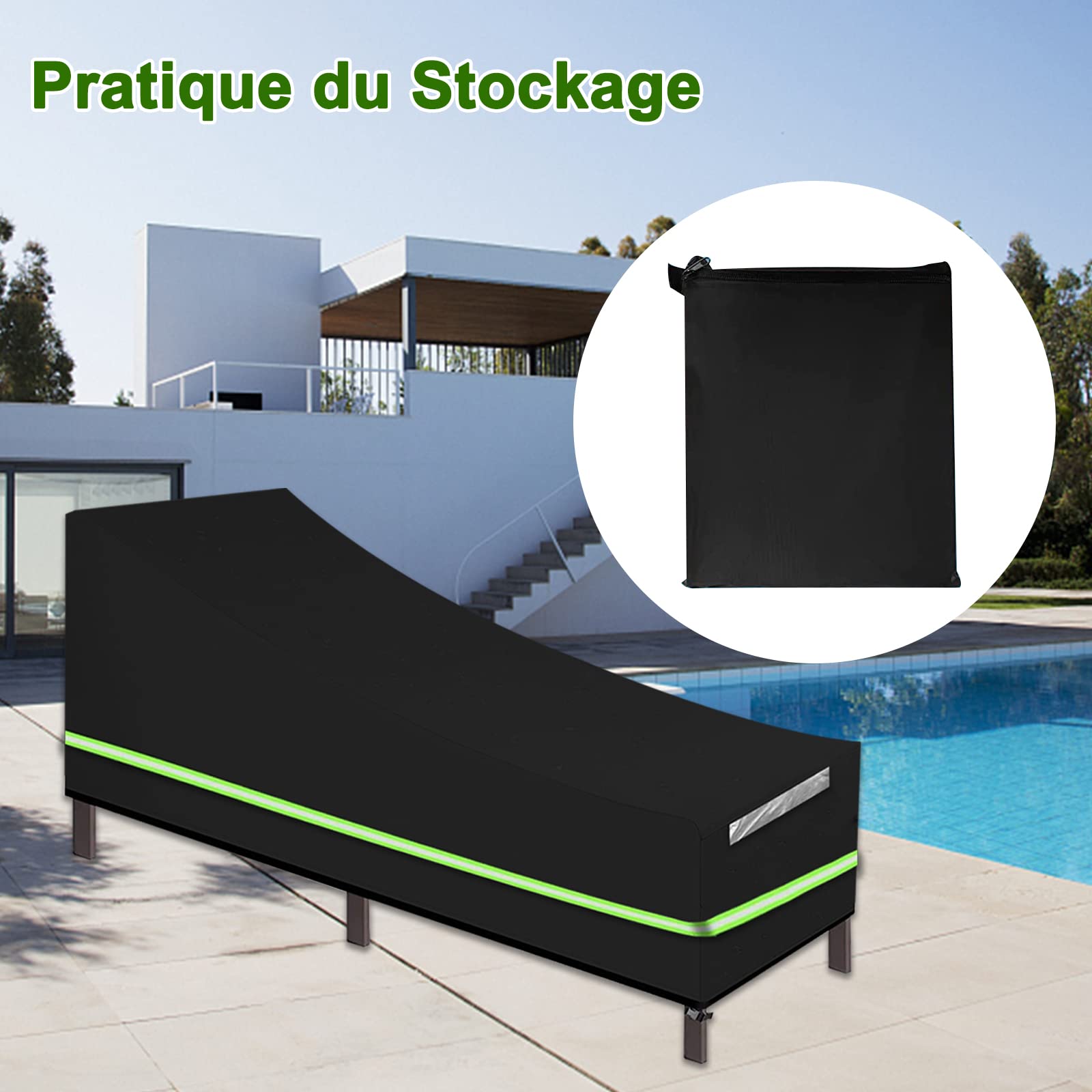 Housse de Chaise Longue de Jardin 2 pcs, Imperméable, Résistance au Vent, Anti-UV, Tissu Oxford 210D Housse avec Grilles D’aération et Bande Réfléchissante pour Chaise Longue de Jardin- 200x75x40/70cm