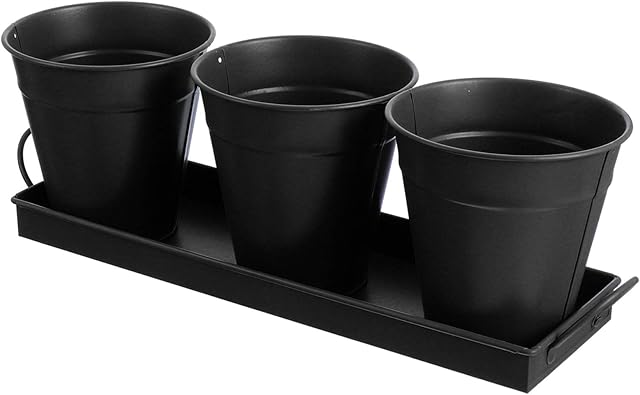 Yardwe Set Of 3 Metal Plant Pots with Drip Tray, Windowsill Planter Flower Pots in Weather Resistant Metal for Indoor or Outdoor Use, Ideal for Plants, Herb Collection, Flowers and Shrubs (Black)