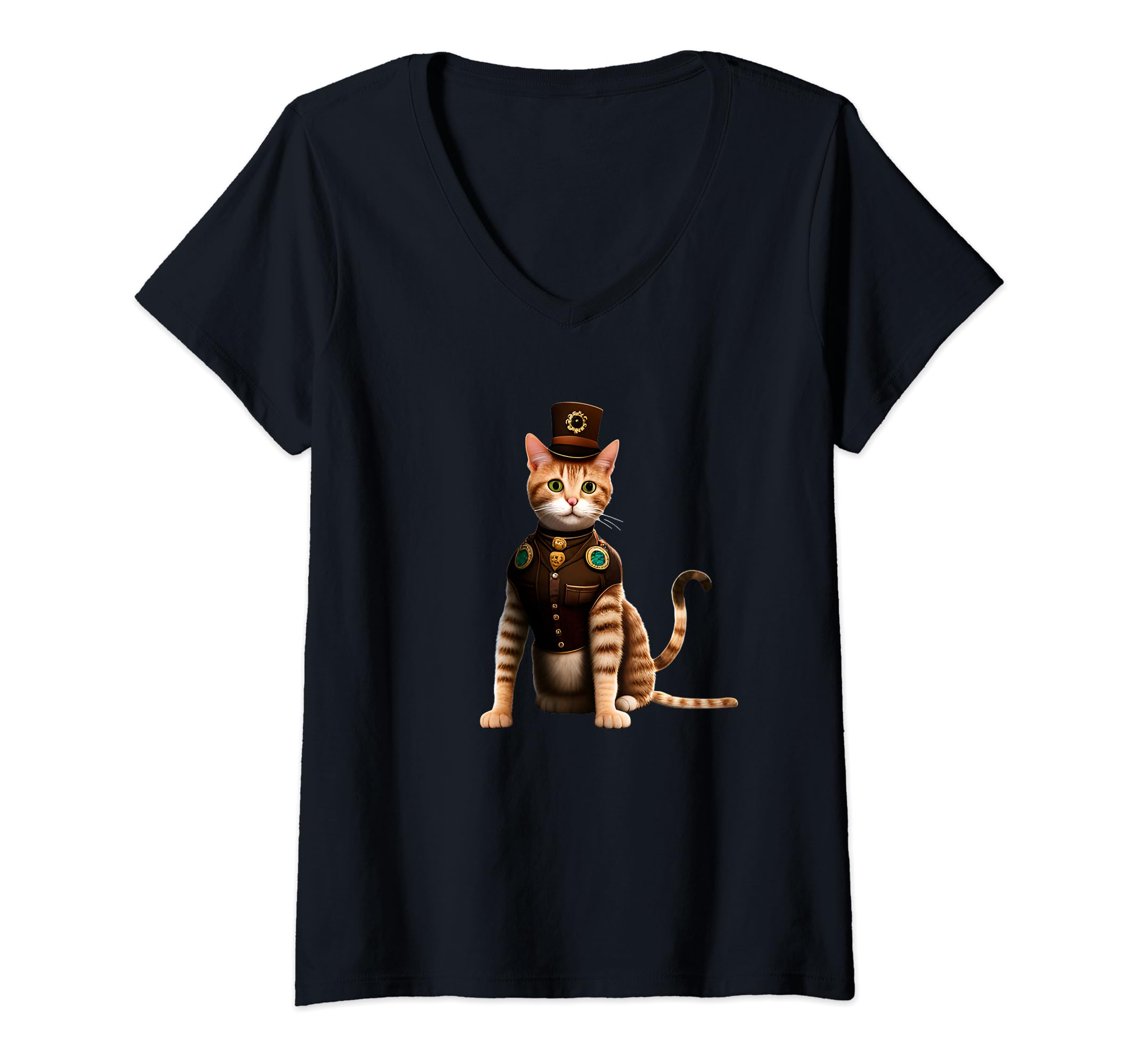Steampunk Style Cool Ginger Cat - The EnchantiCat V-Neck T-Shirt