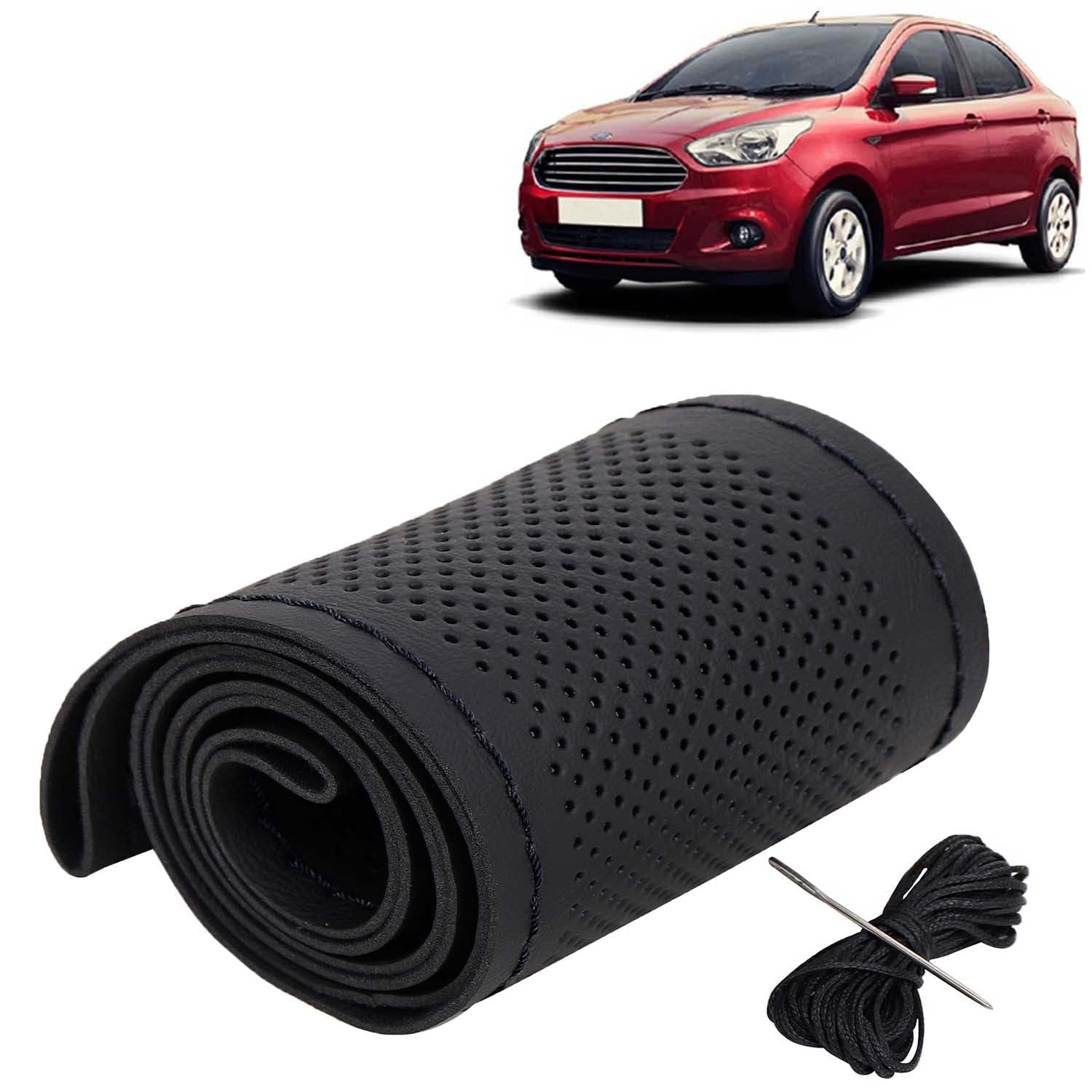 KINGSWAY® Car Steering Wheel Cover Sewable Compatible with Ford Figo Aspire (Year 2014-2021), Top-Notch PU Leatherite, Black Color with Black Thread, Pack of 1 with Sewing Needle and Thread