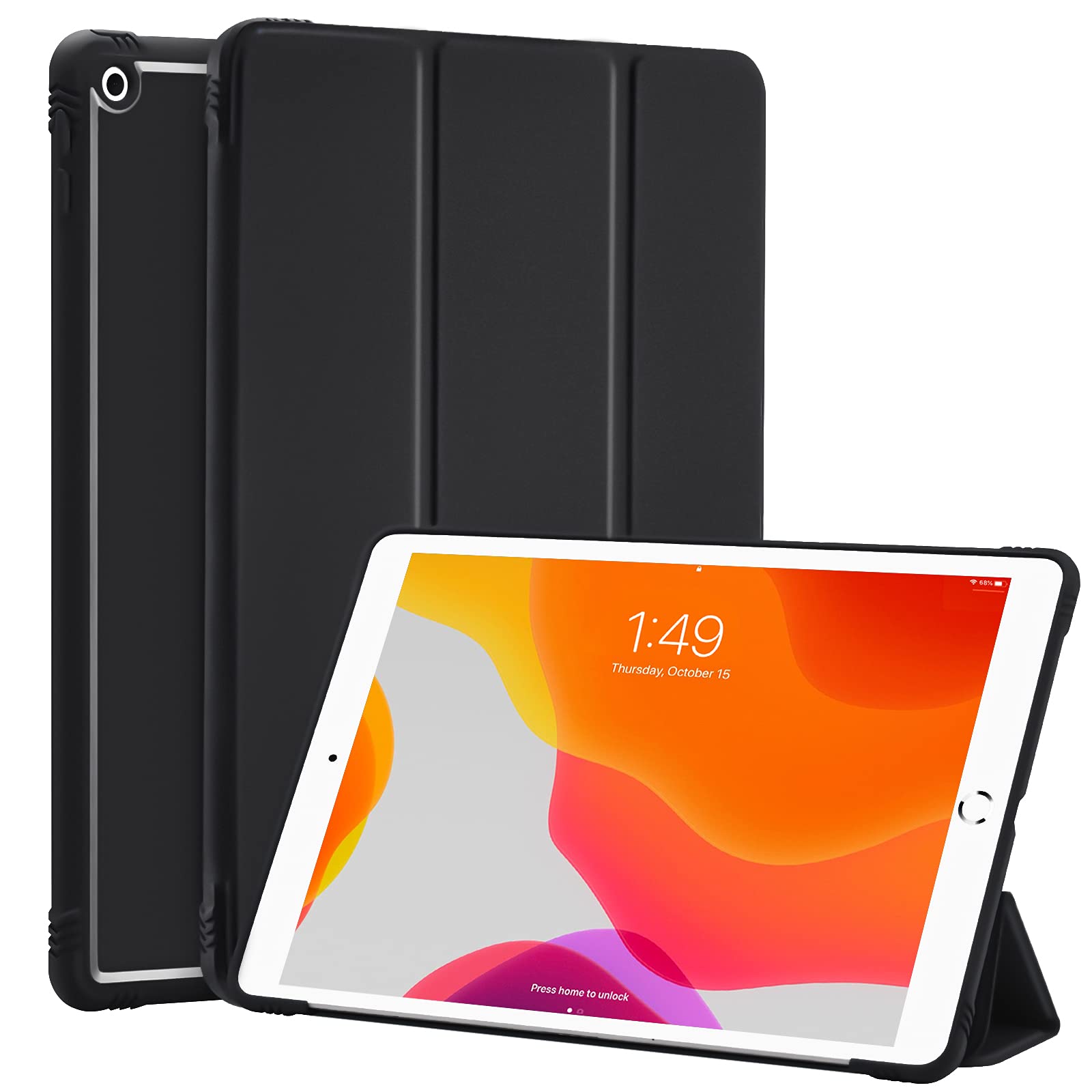 SIWENGDE Case for iPad 9th/8th/7th Generation (2021/2020/2019), iPad 10.2-inch Soft TPU Back Protective Cases [Shock Absorption], Slim Lightweight Trifold Stand Smart Cover, Auto Wake/Sleep (Black)
