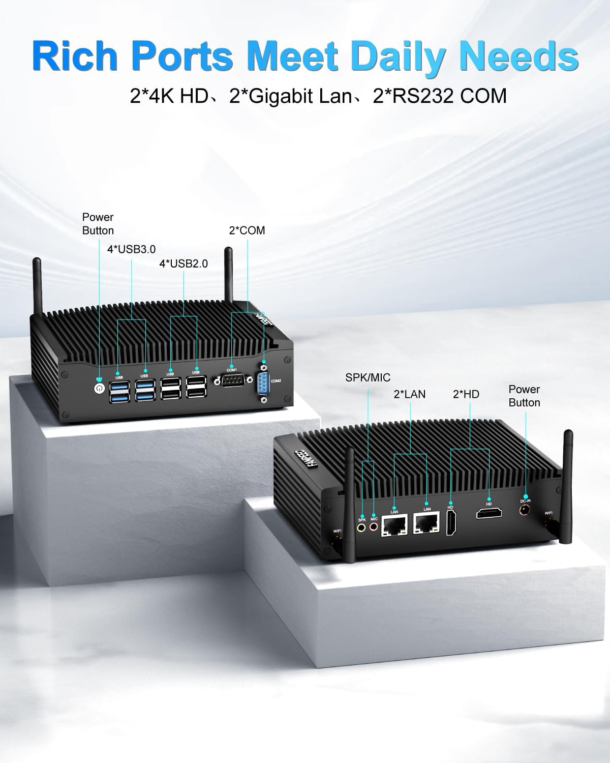FANPEEC Fanless Mini PC Industrial Core i5-8350U(max 3.6 GHz) 16GB DDR4 RAM 256GB M.2 SSD Industrial PC 2xHDMI, Fanless Computer Win 11 Pro/Linux, 2xRS232 COM, WiFi5, BT4.2, 8xUSB, Power On Auto