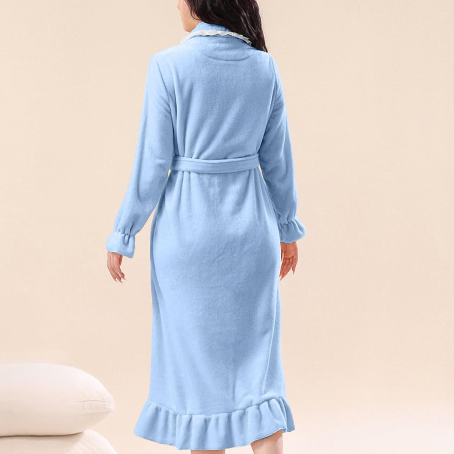 Plush Robes for Women Soft Fleece Bathrobe Ruffle Trim Bath Robe Sleepwear Winter Warm Housecoat with Belt