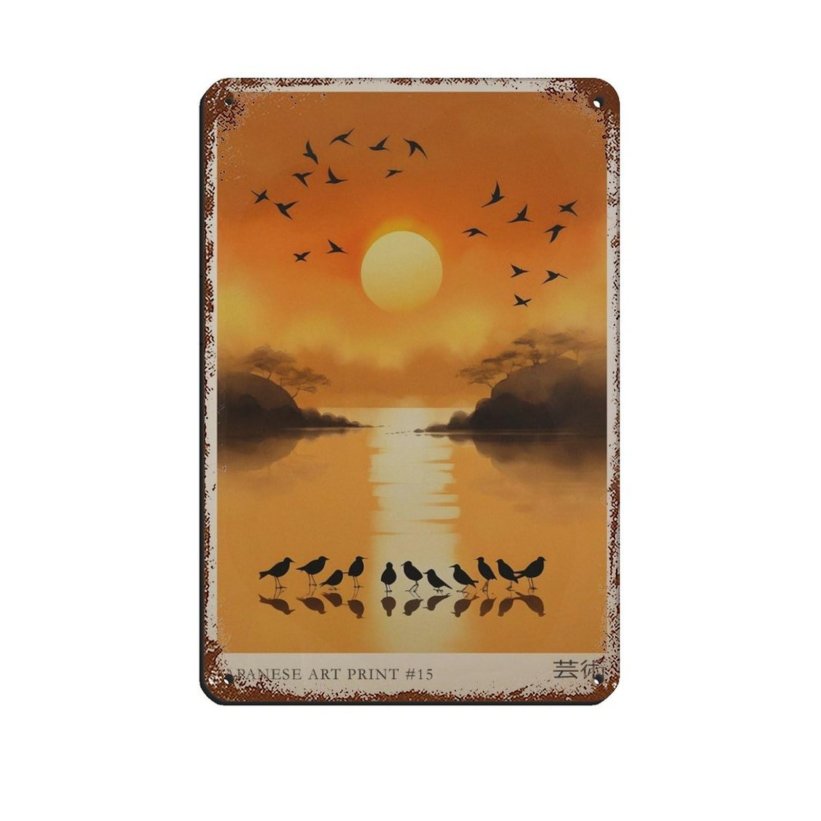 Japanese Bird, Japanese Sunset Landscape Poster (2) Tin Sign Vintage Metal Pub Club Cafe Bar Home Wall Art Decoration Poster Retro 8x12inch(20x30cm)