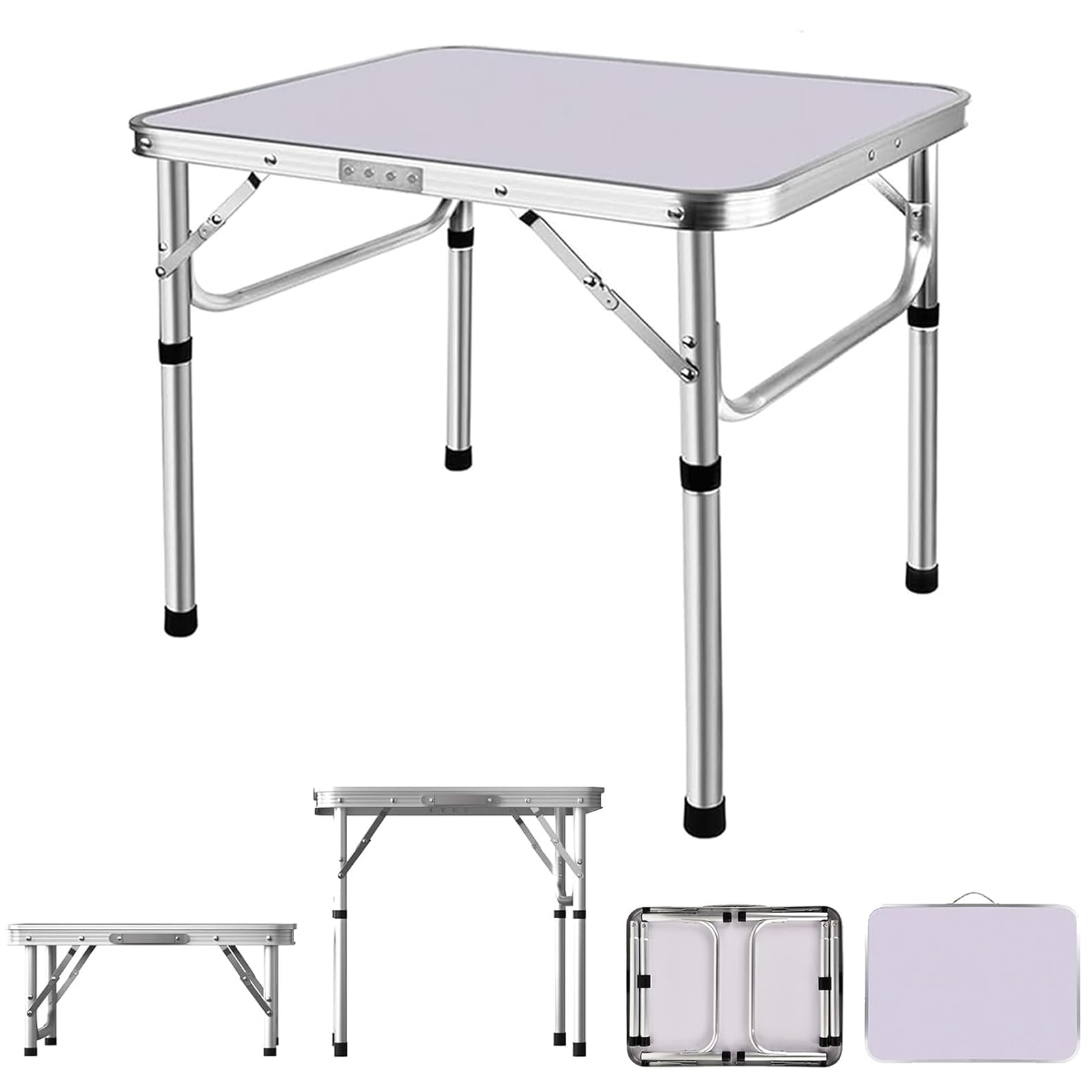 2FT Picnic Portable Folding Camping Table with Carry Handle, 26cm and 56cm 2 Adjustable Height Aluminum Alloy Frame Foldable Small Desk Barbecue Hiking Travel Table for Indoor Outdoor, Garden, White