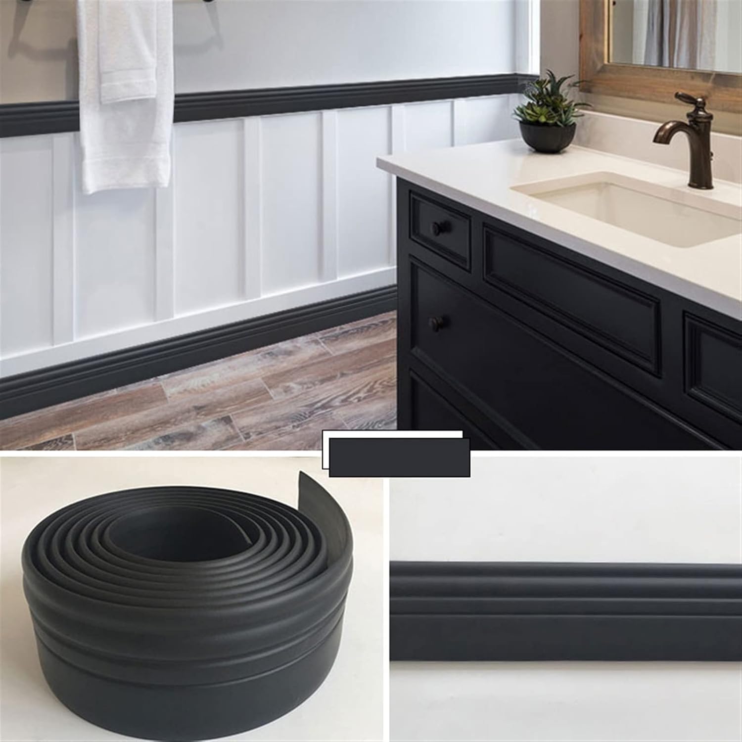 16.4 ft ﻿Self-Adhesive Flexible Trim Molding, Caulk and Trim Strips, DIY Crown Molding Ceiling Molding for Floor, Backsplash, Tile Edge and Corner Decor(Black,(W) 98mm)
