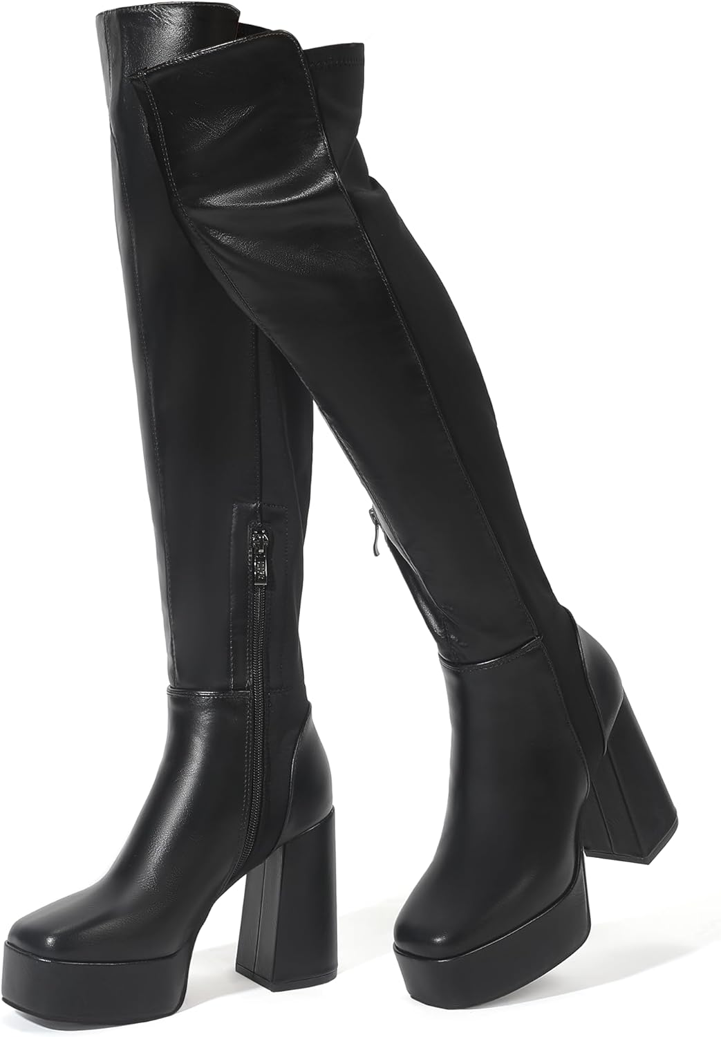 IDIFU IN4 Women's Chunky Thigh High Boots: 4" Block Heel, 1.6" Platform, Stretch Over-the-Knee Side Zip Long Boots