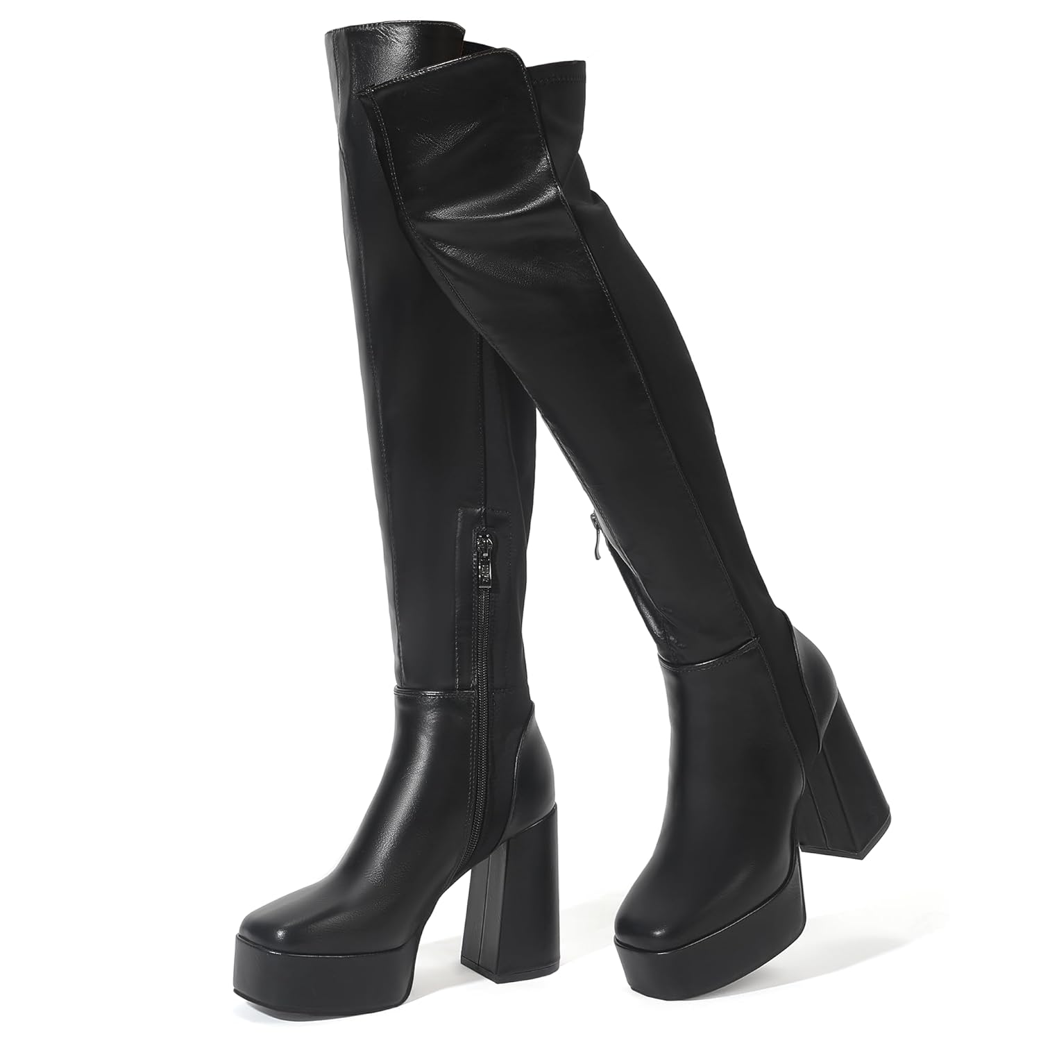 IDIFU IN4 Womens Thigh High Boots Over The Knee Stretch Platform Chunky Block Heel Side Zip Fashion Long