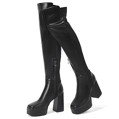 IDIFU IN4 Womens Thigh High Boots Over The Knee Stretch Platform Chunky Block Heel Side Zip Fashion Long