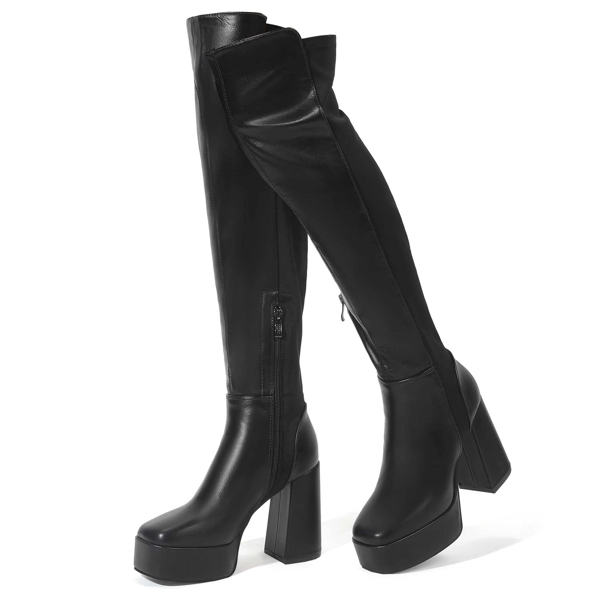IDIFU IN4 Womens Thigh High Boots Over The Knee Stretch Platform Chunky Block Heel Side Zip Fashion Long