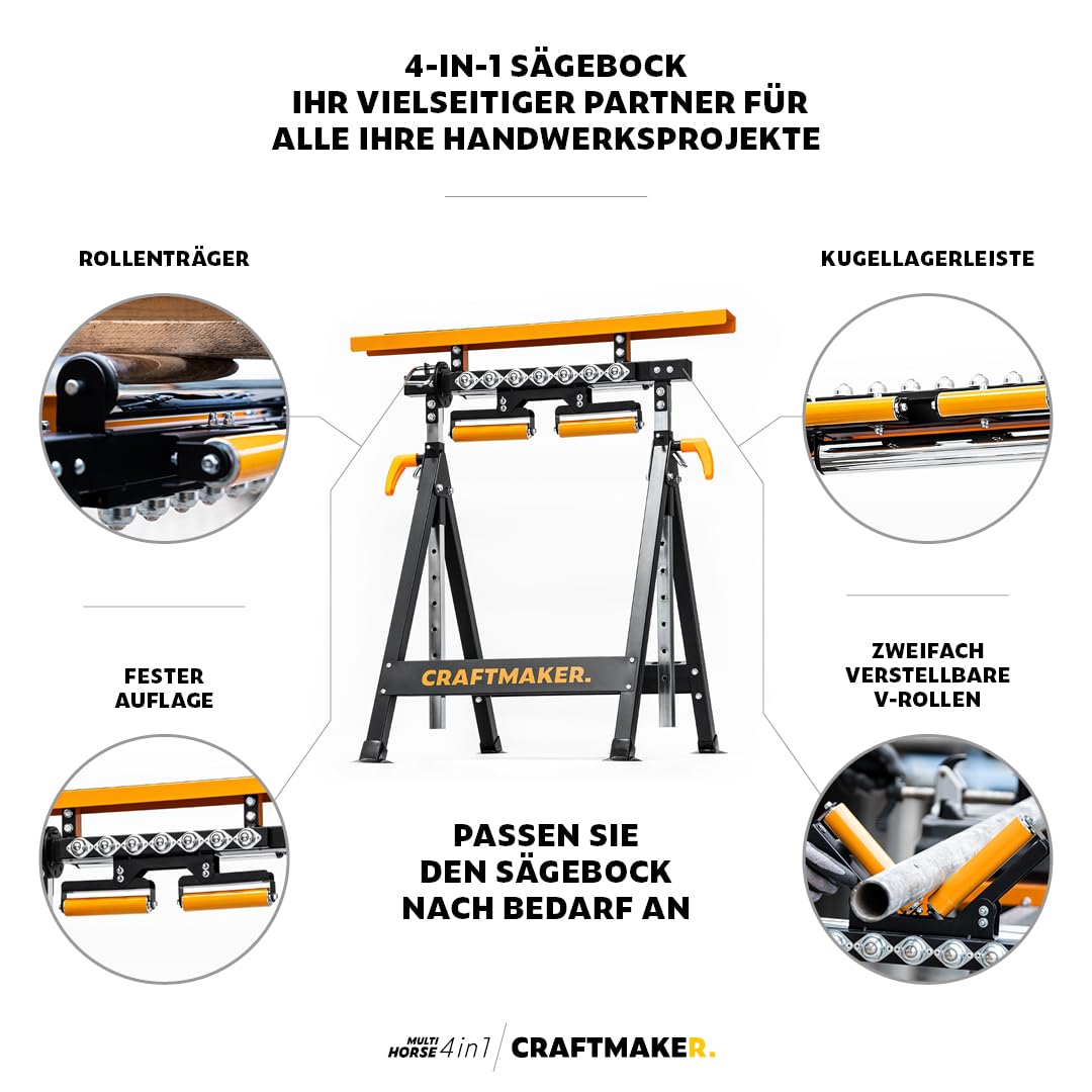 CRAFTMAKER 2er-Set 4-in-1 Multifunktionale Klappbare Sägeböcke - Höhenverstellbare Stahl-Arbeitsböcke mit Schnellklapp-Mechanismus & Stabiler Unterstützung für Werkstattprojekte