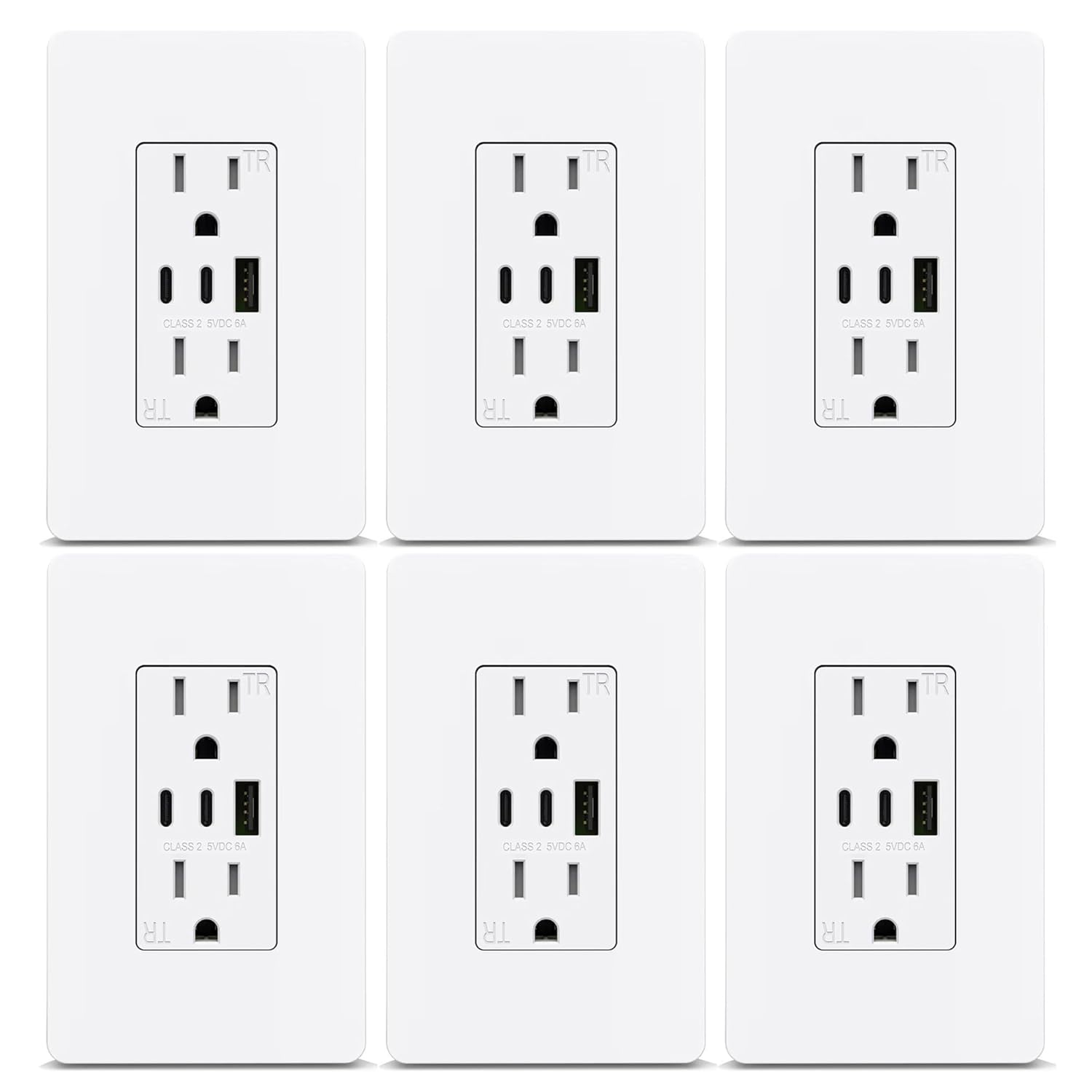 ThunderWay USB Outlet Receptacle- 3-Port USB C Wall Outlet, 30W 6.0A USB Electrical Outlet, 15 Amp Tamper-Resistant Outlet with USB C Ports, ETL Listed, Screwless Wall Plate Included, 6 Pack, White