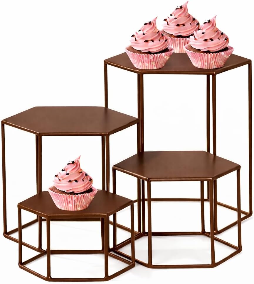 59971 Set of 4 Metal Display Risers, Upgraded Hexagonal Nesting Buffet Riser Set, Modern BROWN Buffet Display Stands for Food, Food Display Risers for Buffet Cupcake Small Potted Plants - Medium