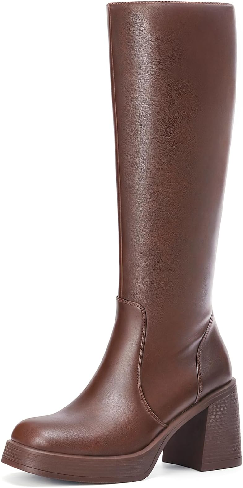 Choiran Black Knee High Boots for Women - Wide Calf Platform Tall Boots Square Toe Chunky Block Heeled Gogo Boots