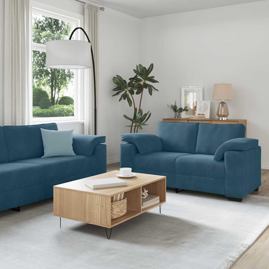 Set di 2 divani con cuscino, in velluto blu, arredo imbottito moderno, per soggiorno, camera degli ospiti e salotto, comodo divano ad angolo, divano letto, panca relax, struttura stabile