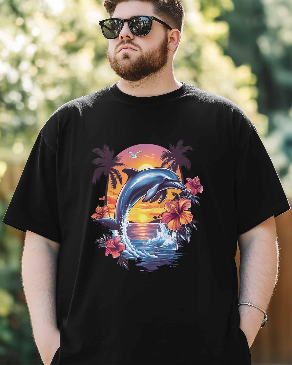 Men's T-Shirt Sea Dolphins Graphic Tees Cotton Short-Sleeve Casual Tops Flowers - Image 5