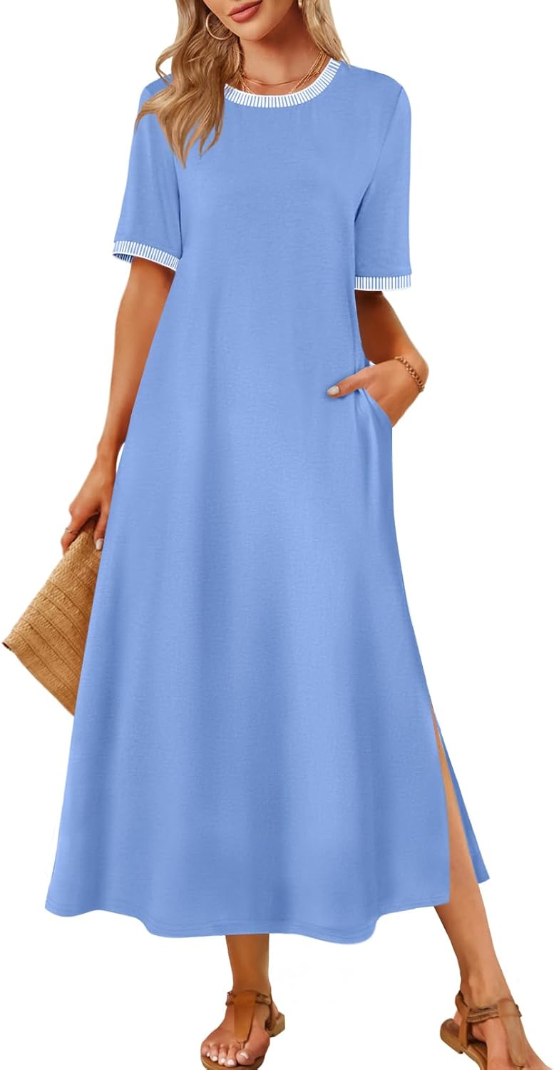 MEROKEETY Women's 2025 Summer Casual Maxi Dress Spring Beach Vacation Short Sleeve Crewneck Split Midi T Shirt Dresses