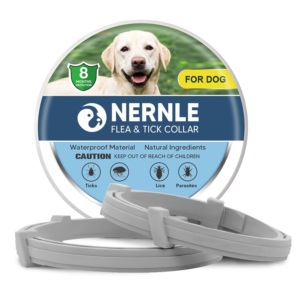 Nernle Collar Antipulgas para perros Grandes, Collar Antipulgas Ajustable, Collar Antigarrapatas para Perros Grandes, Impermeable 8 Meses para 2 PCS