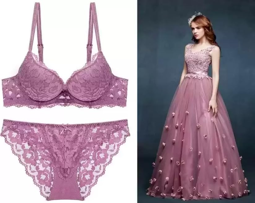 Image of Foxline Women's Lace Push Up Underwired Solid Lingerie Set