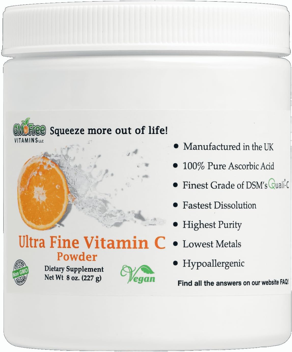 GMO Free Vitamins - Ultra Fine Non GMO Vitamin C Powder, Made in UK, UK Ingredients - Highest Grade of Quali-C L-Ascorbic Acid for Maximum Bioavailability – Vegan (8 oz.)