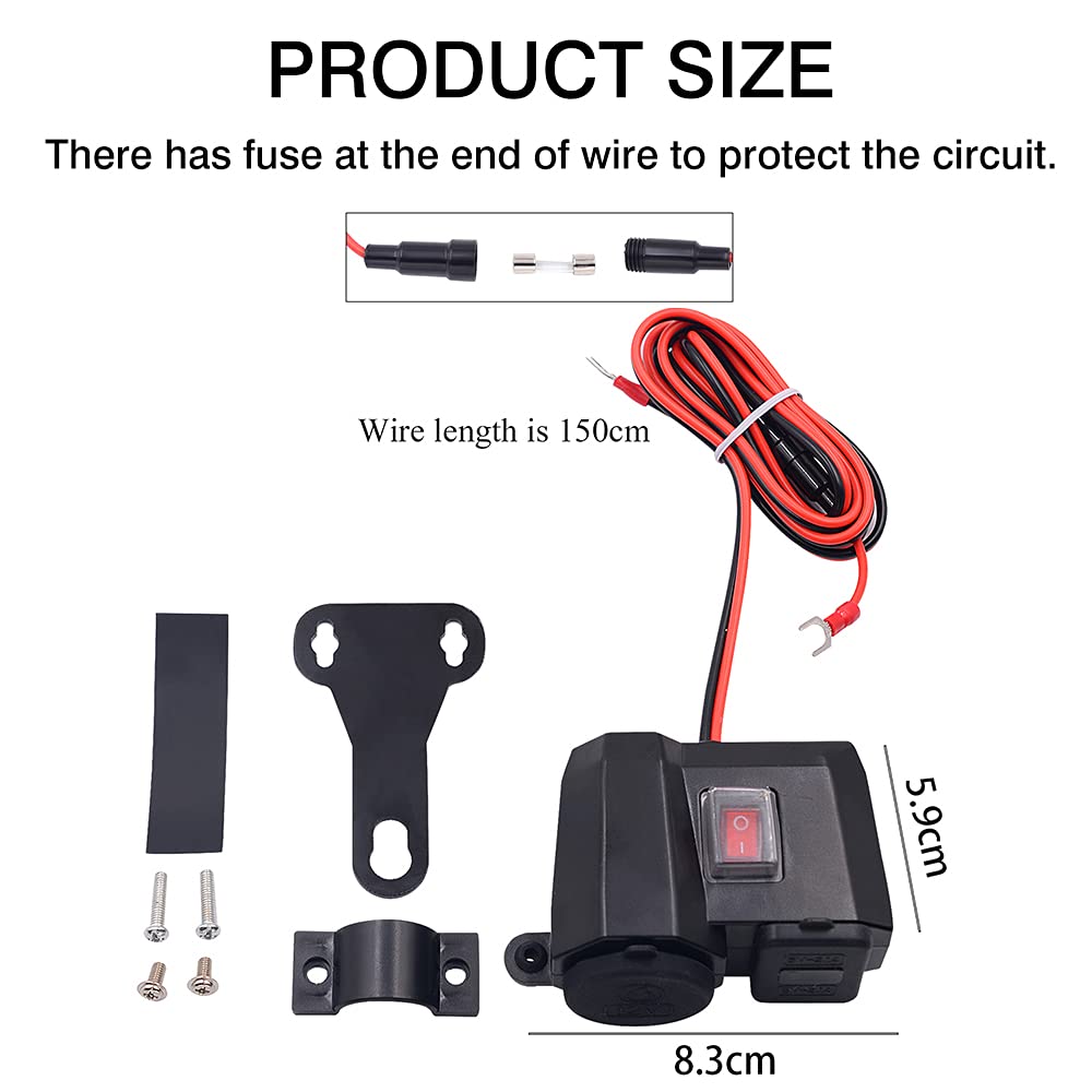 GOURIXIN Motorrad USB-Ladegerät,12V/24V Wasserdicht Dual USB Kfz Ladebuchse mit 140/150-CM-Kabel Doppelte Ladeanschlüsse Black