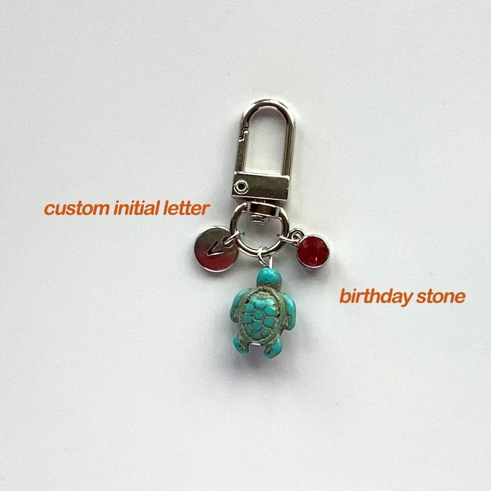 Turtle Keychain Personalized Travel Turtle Key Chains with Custom Engraved Initial Letter Tag and Handmade Animal 3D Sea Turtle, Good Luck Charms Keyring, Inspirational Birthday Gifts For Men Women
