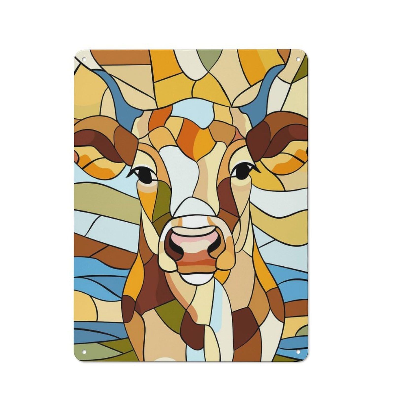 Junmoney Style-9 Stained Glass Cow Portrait Rustic Metal Plaque 40X30cm For Living Room Or Hallway, For Garage, Workshop And Man Cave Decoration