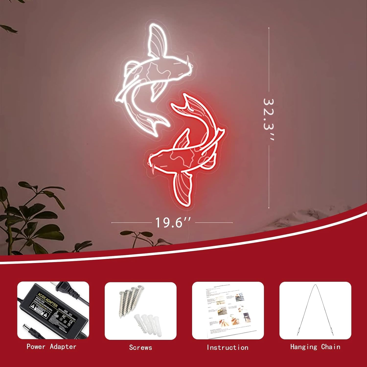 Koi Fish Neon Sign, Two Traditional Tattoo Japanese Koi Fish LED Neon Light, Red White 3D Engraved Lucky Koi Fish Night Lamp for Wall Decor, Bedroom Bar Party Gamer Room Birthday Gift - 14''