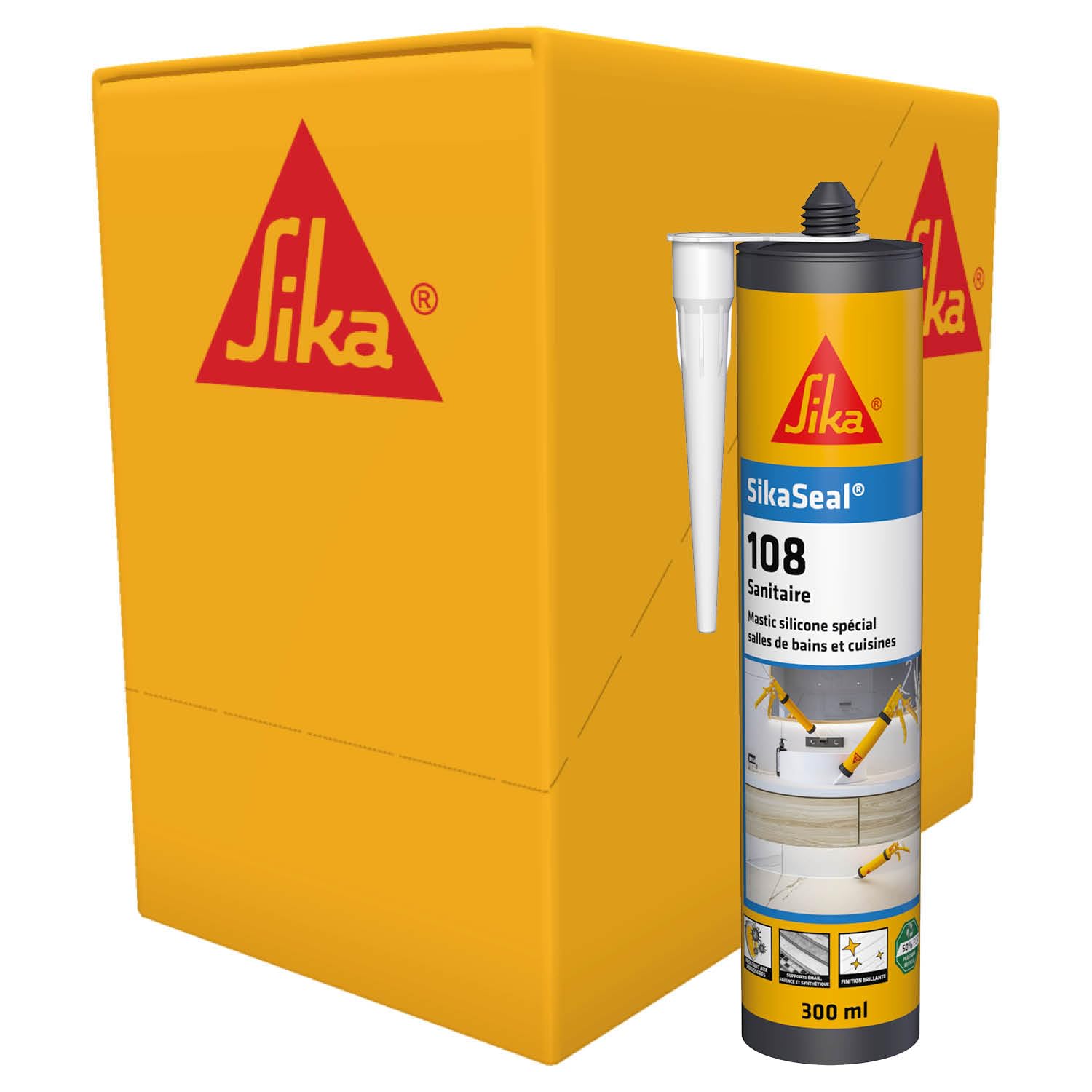 SIKA - Mastic Cuisine & Bain - SikaSeal 108 - Blanc - Carton 12x300ml | Joints silicone sanitaire longue durabilité sur multi-supports - Anti-Moisissures - Idéal pour travaux de plomberie