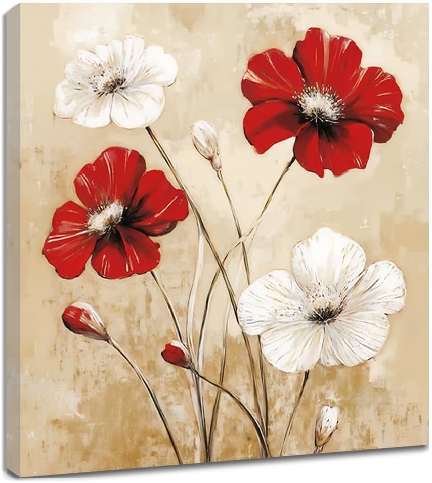 ZQQART Red Poppy Canvas Wall Art Vintage White Poppies Flower Picture Brown Floral Painting Prints Rustic Decor for Living Room Bedroom Frame (brown,12" Wx12 L)