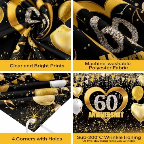 60th Anniversary Backdrop Decoration - Black Gold Happy 60th Wedding Anniversary Banner Balloon Party Supplies for Golden Wedding Photo Yard Signs Anniversary Party Background 71x43 Inch — view 4